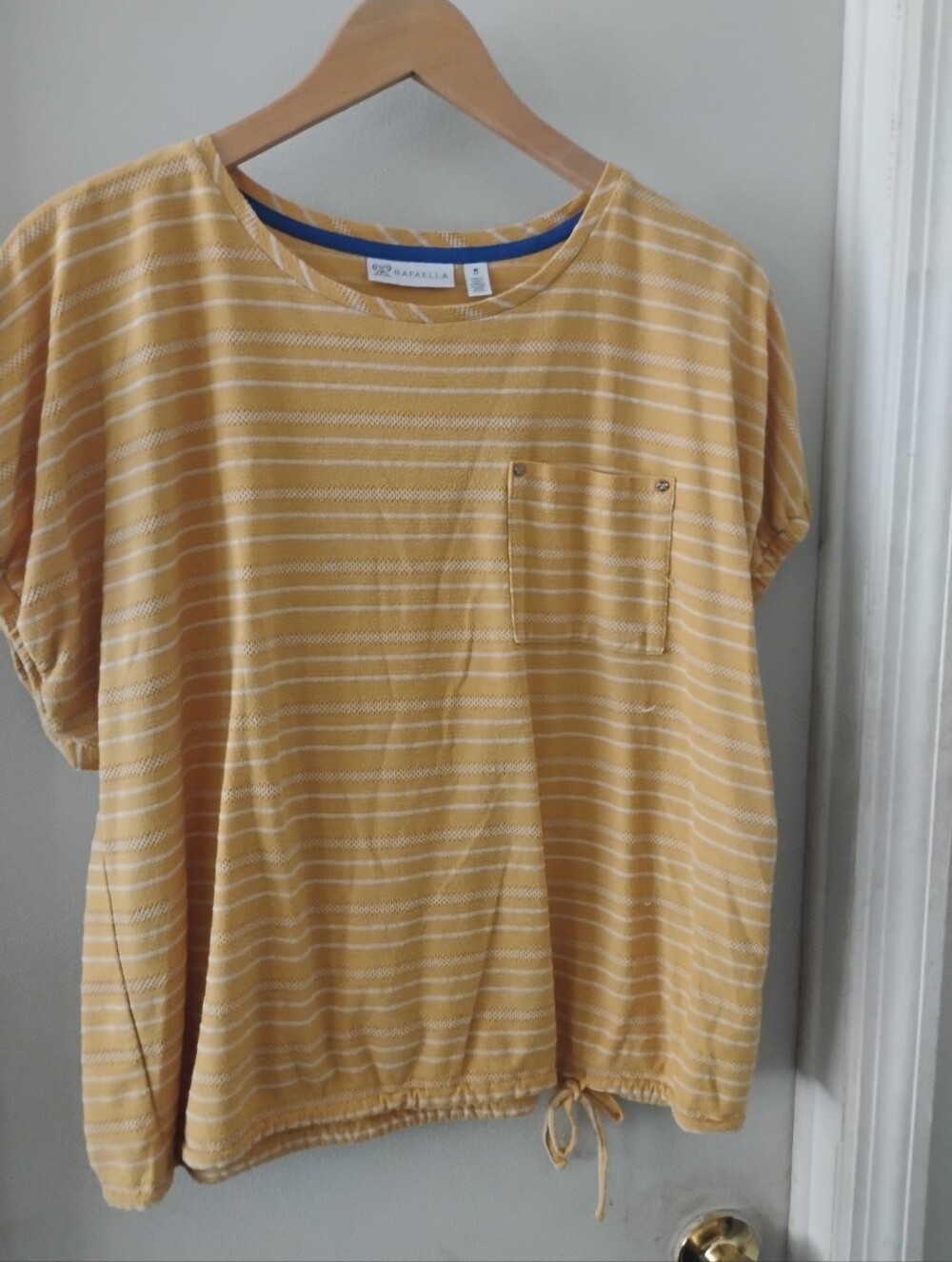 Rafaella Yellow White Striped Short Sleeve Top Drawstring Hem Size XL
